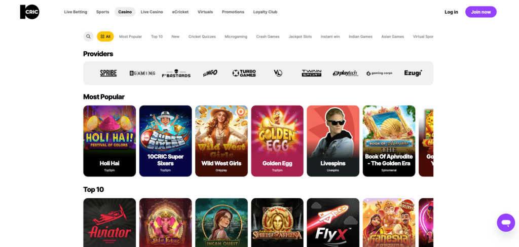 10Cric Casino Games