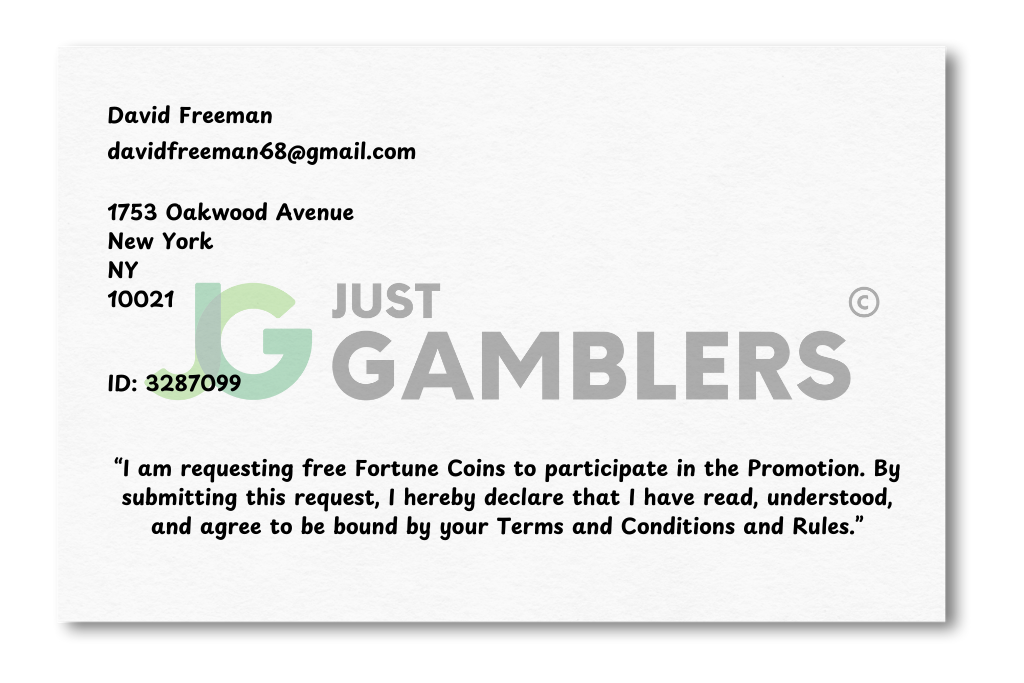 Graphic example of a Fortune Coins mail-in request letter.