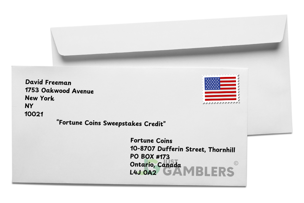 Graphic example of a Fortune Coins mail-in request envelope frontside.