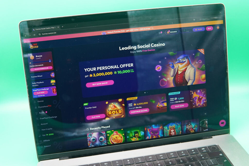 MacBook with the Funrize starting page loaded in Chrome browser.