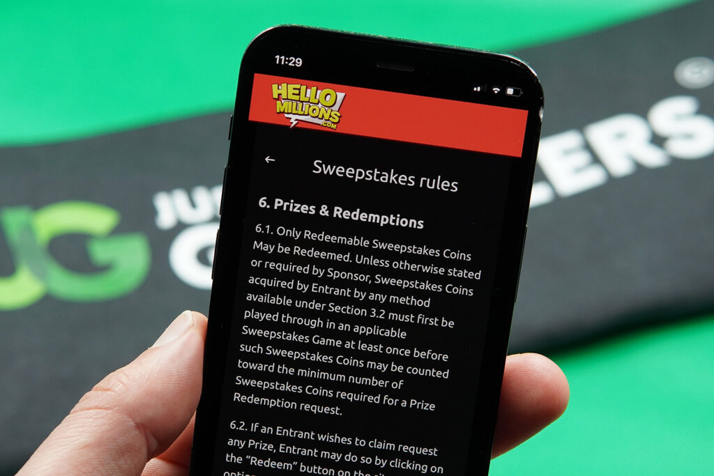 Photo of Patrik Lidin showing the Hello Millions Terms and Conditions for minimum SC cashout rules.