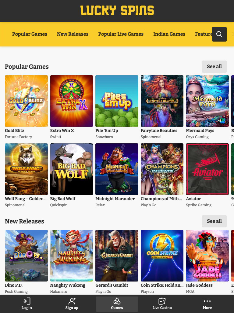 lucky spins casino india tablet