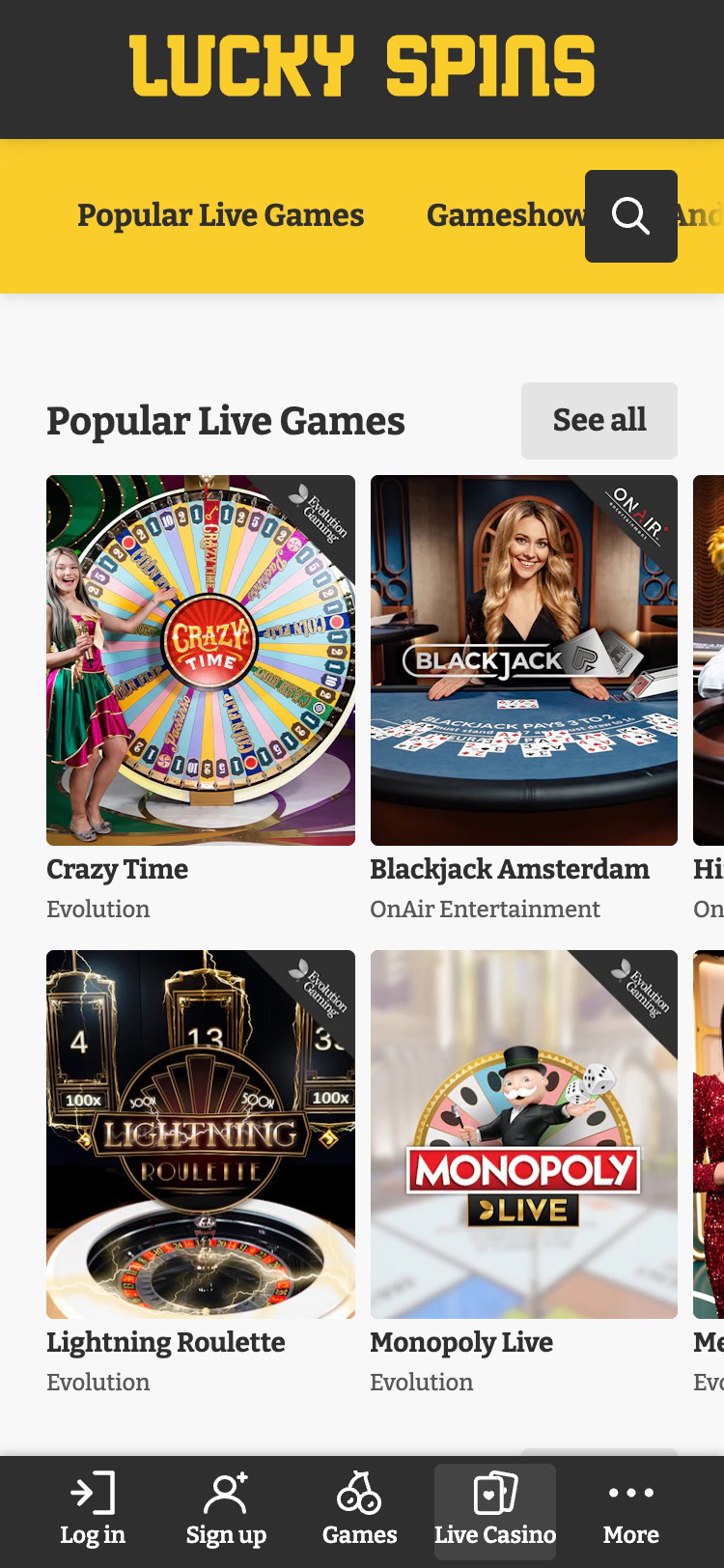 lucky spins india live casino mobile