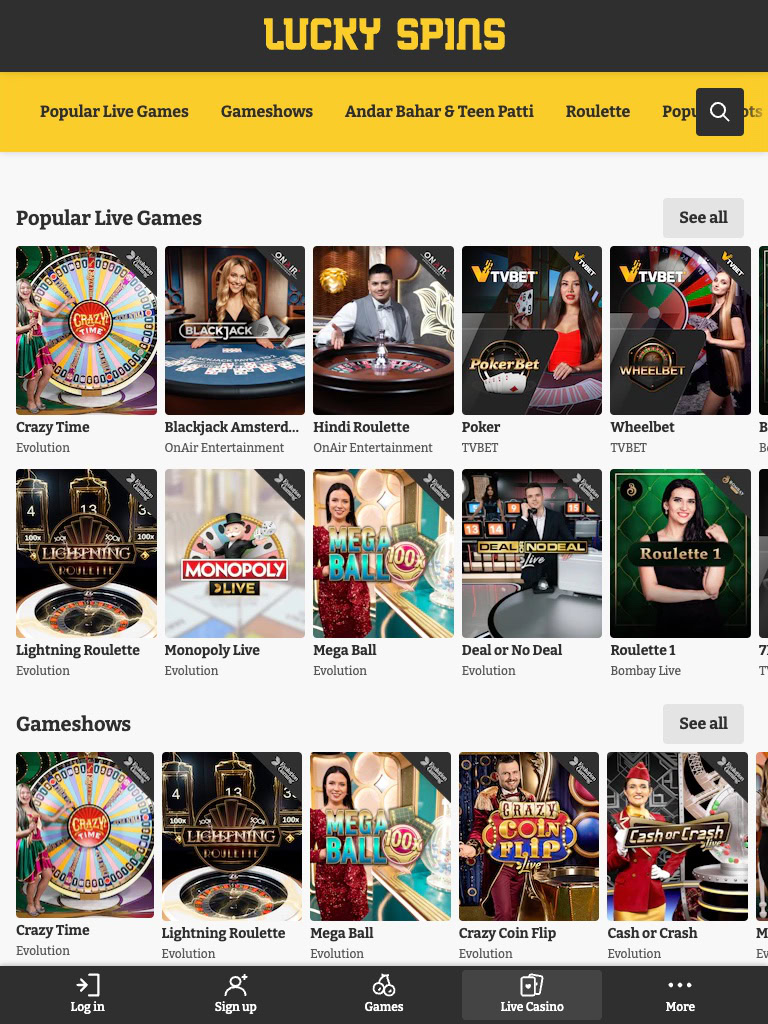 lucky spins india live casino tablet