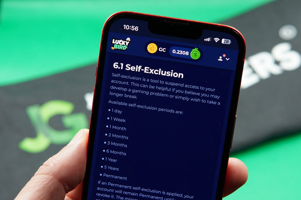Patrik Lidin holding an iPhone with the LuckyBird.io responsible gambling page showing.