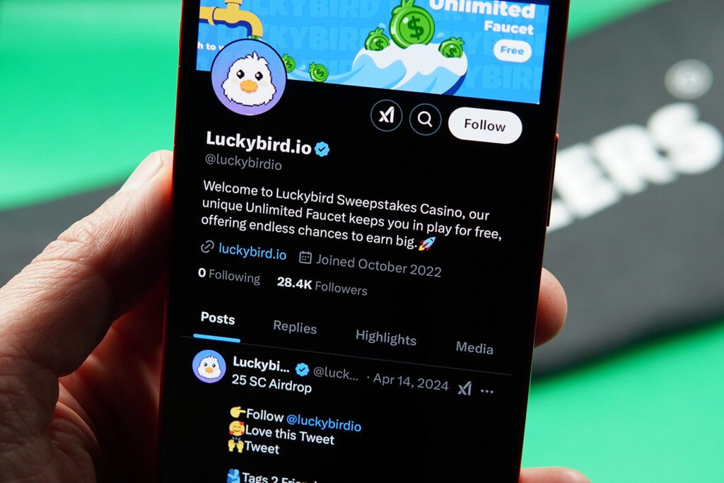 Patrik Lidin holding an iPhone with the LuckyBird X account.