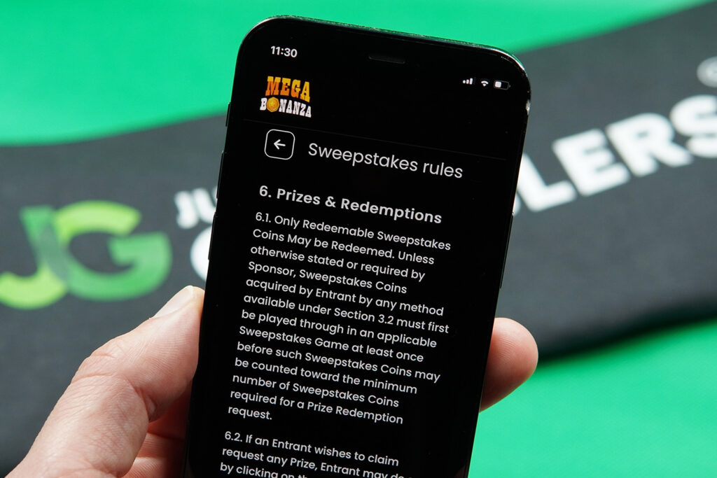 Photo of Patrik Lidin showing the Mega Bonanza Terms and Conditions for minimum SC cashout rules.