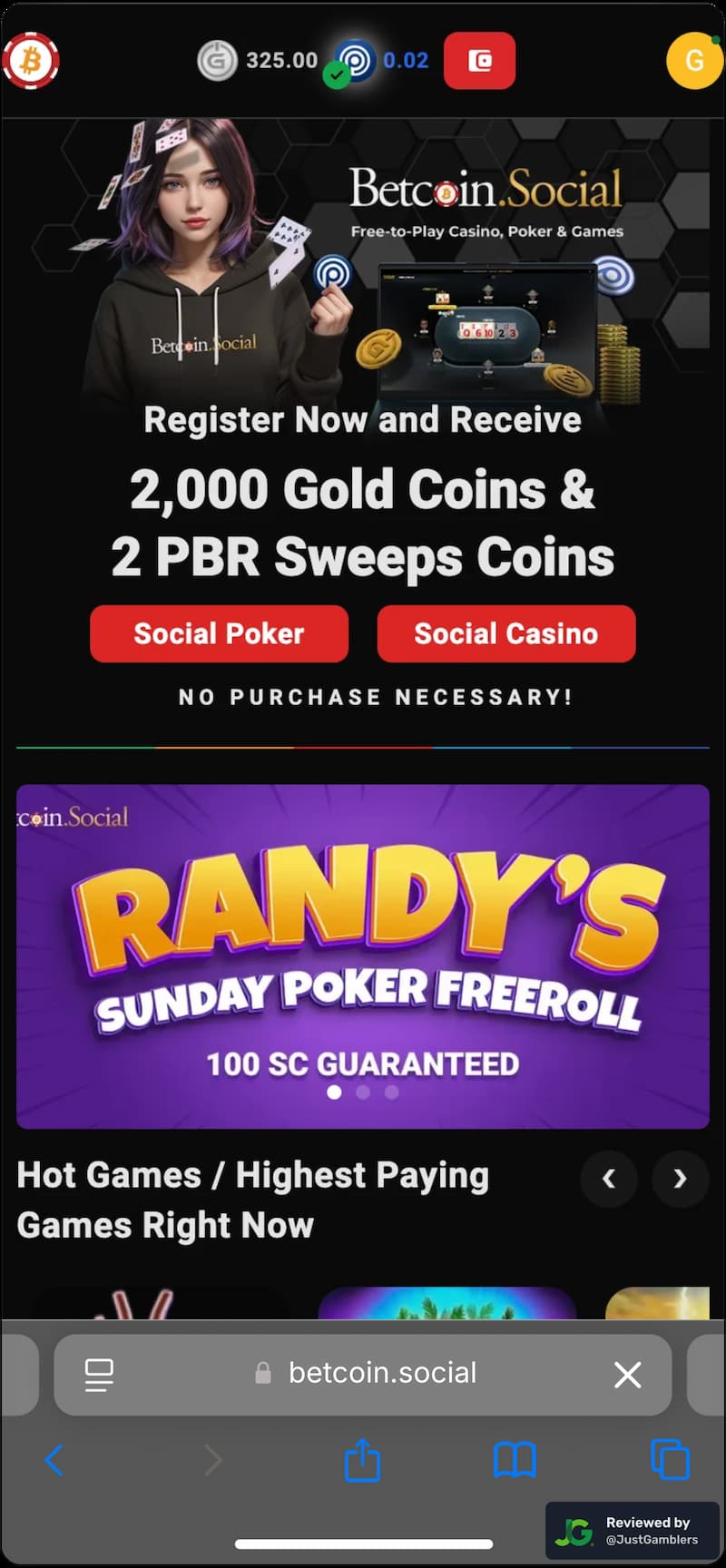 Mobile screenshot of the starting page at Betcoin.Social..