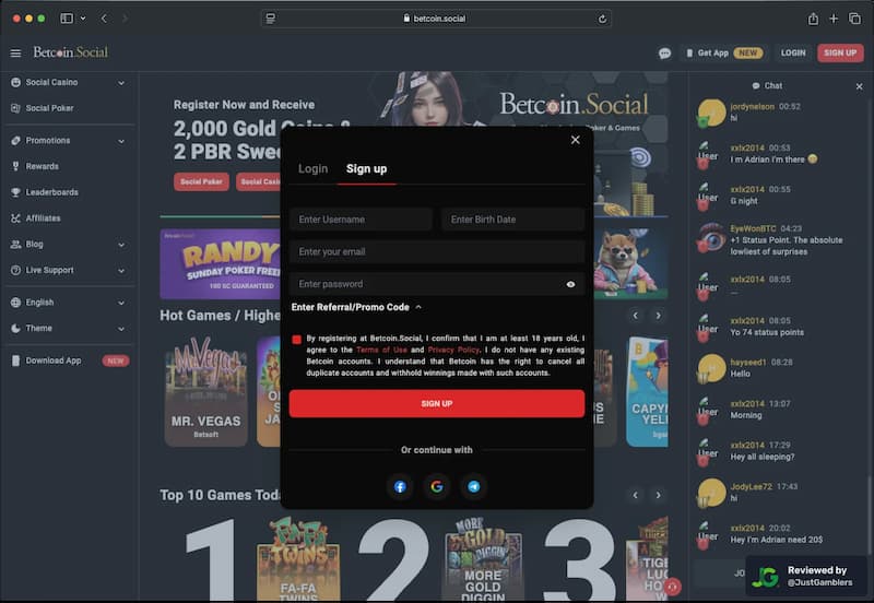 Desktop screenshot of the registration page at Betcoin.Social.