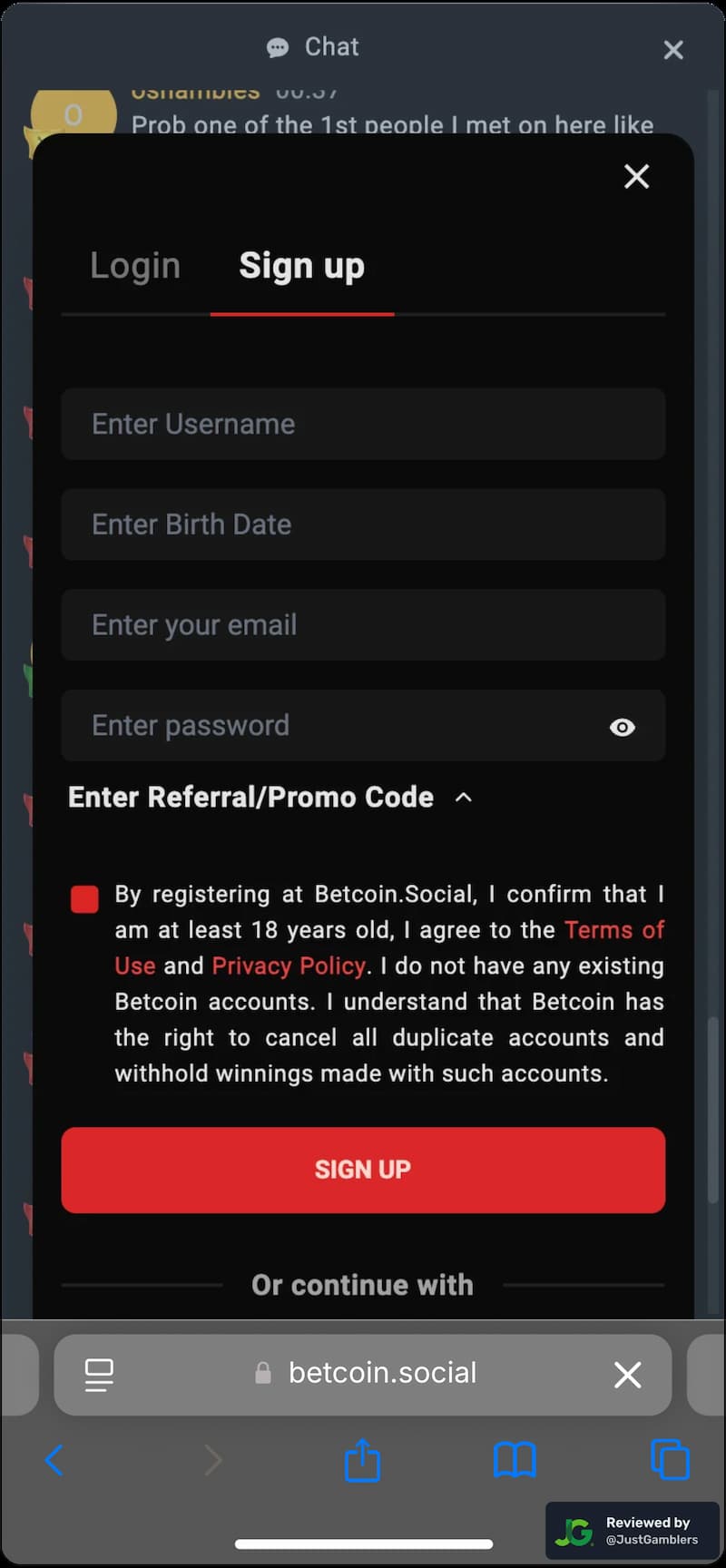 Mobile screenshot of the registration page at Betcoin.Social.