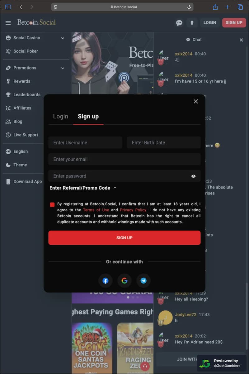 Tablet screenshot of the registration page at Betcoin.Social.