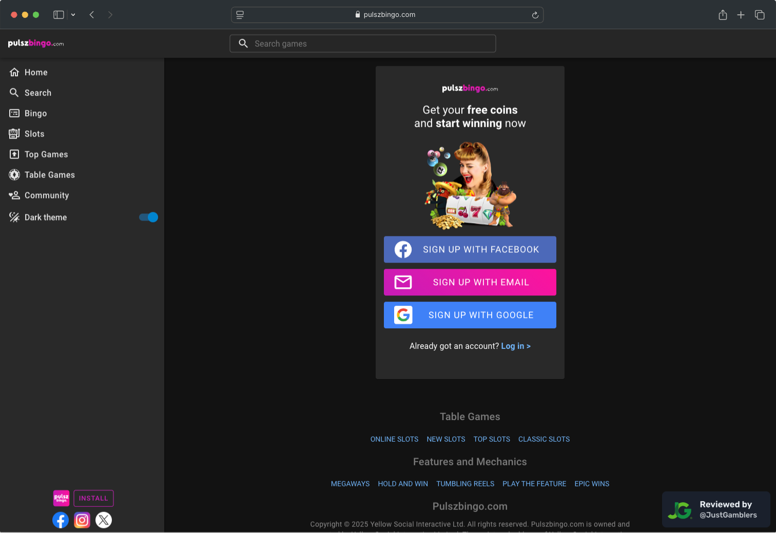 Desktop screenshot of the registration page at Pulsz Bingo.