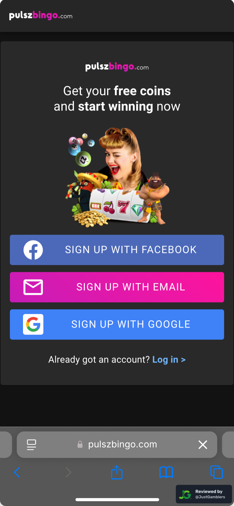 Mobile screenshot of the registration page at Pulsz Bingo.