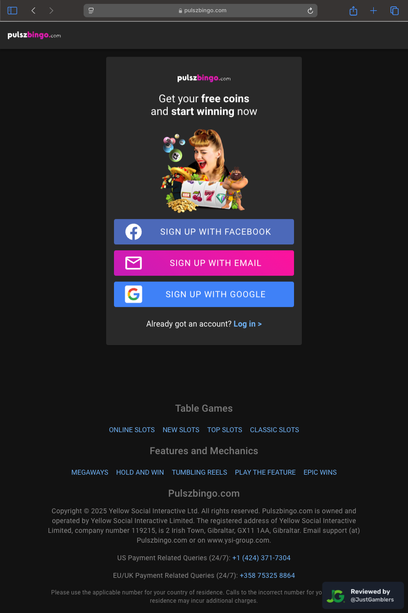 Tablet screenshot of the registration page at Pulsz Bingo.