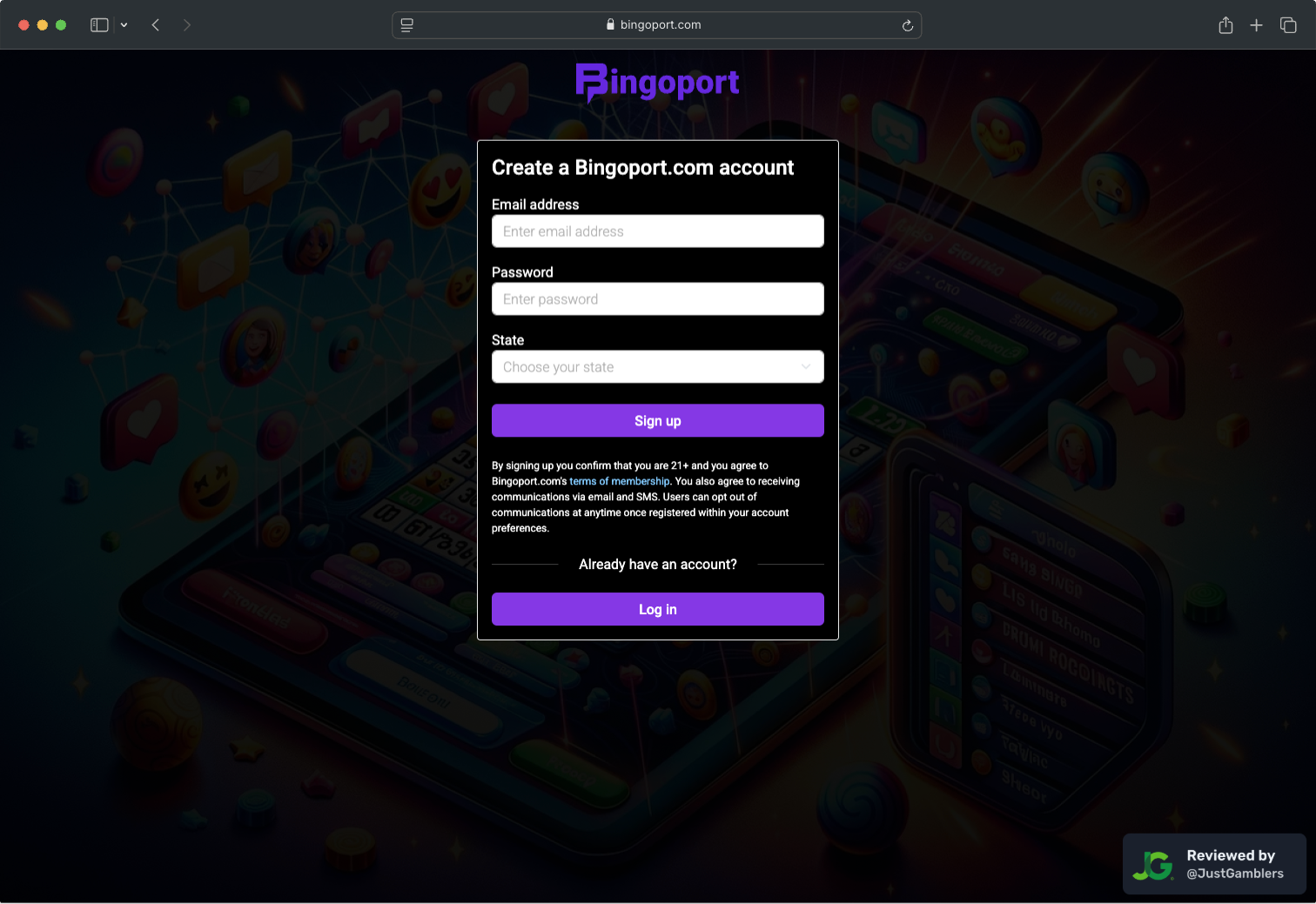 Desktop screenshot of the registration page at Bingoport.