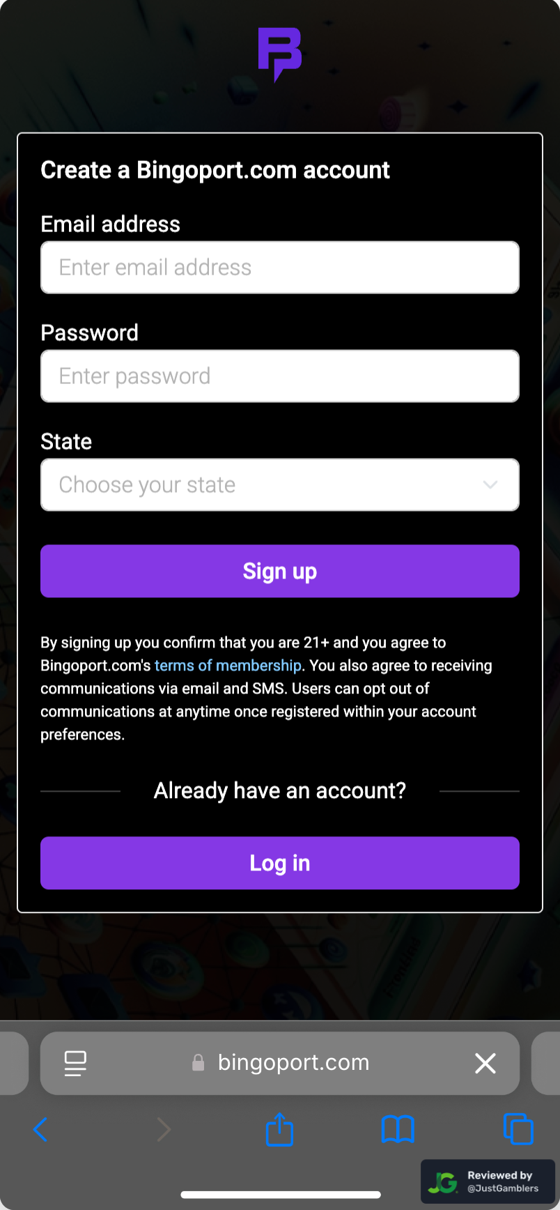 Mobile screenshot of the registration page at Bingoport.