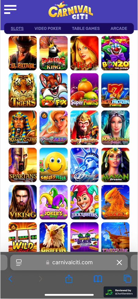 Mobile screenshot of the game library at Carnival Citi.
