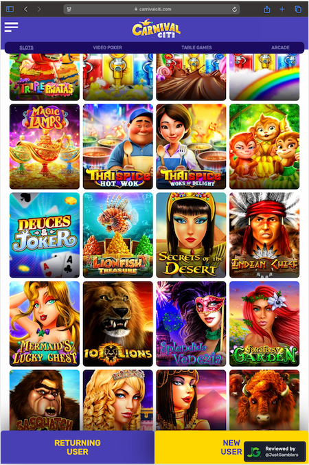Tablet screenshot of the game library at Carnival Citi.