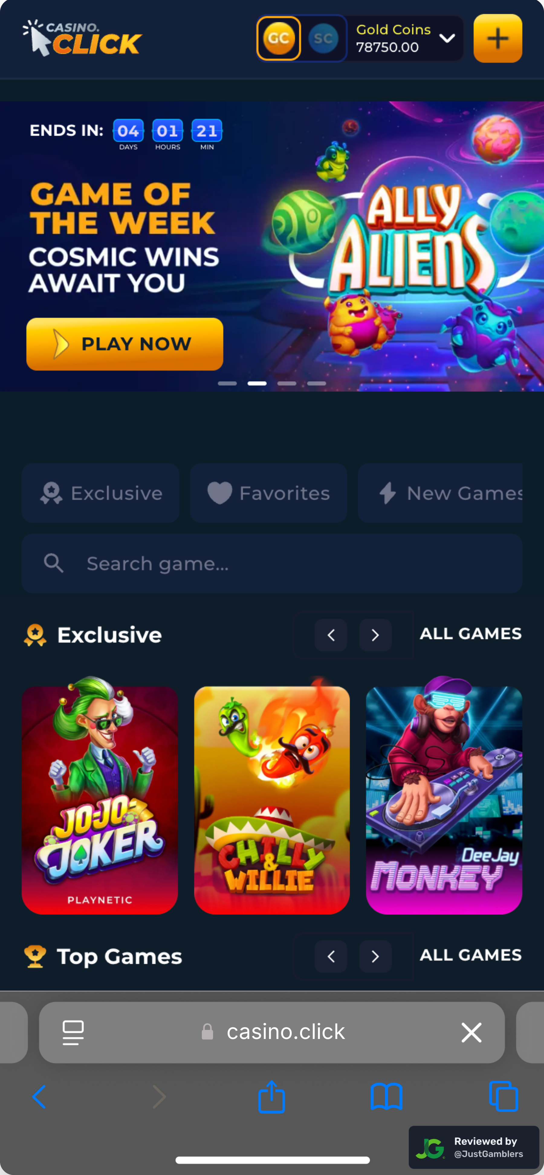 Mobile screenshot of the starting page at Casino Click.