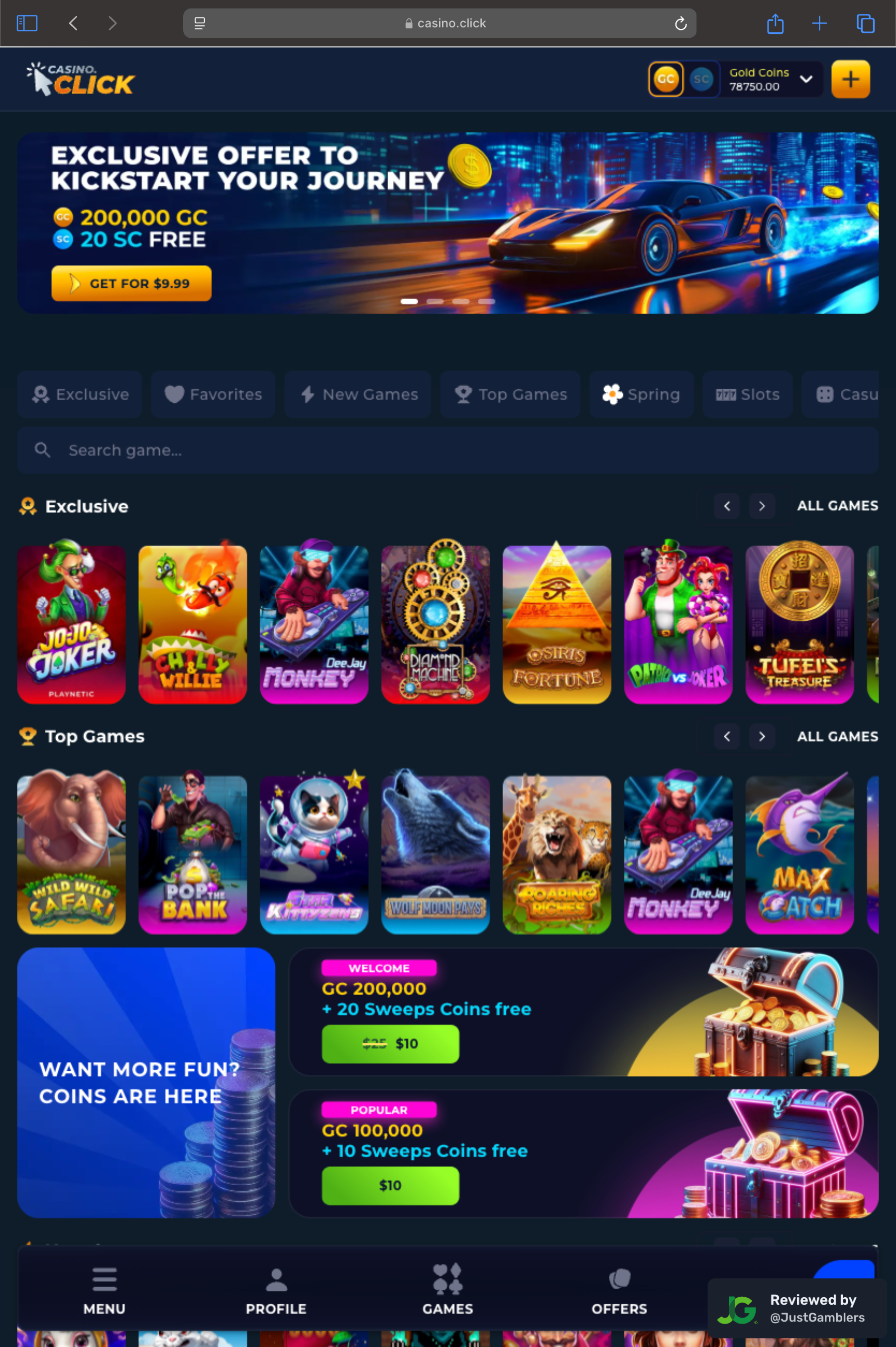 Tablet screenshot of the starting page at Casino Click.