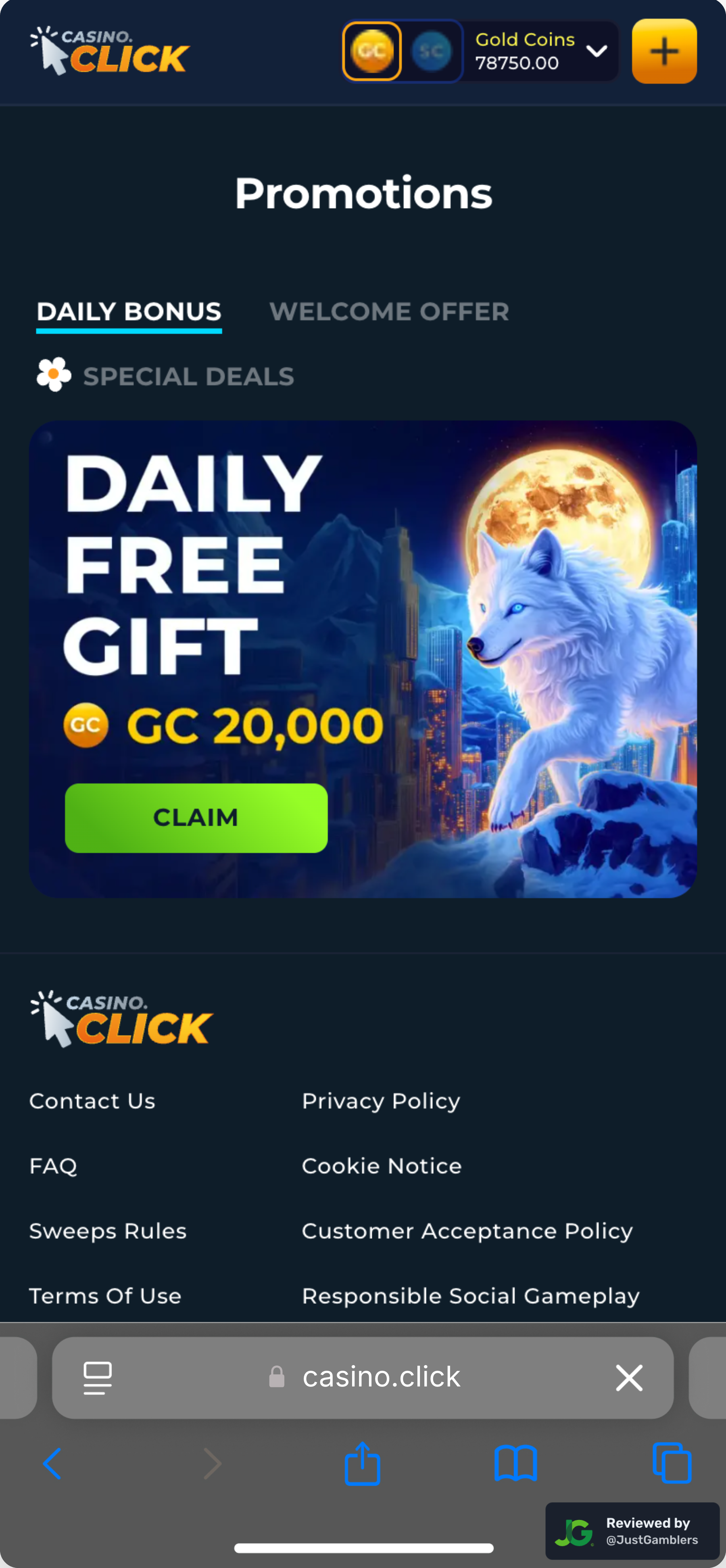 Mobile screenshot of the promo page at Casino Click.