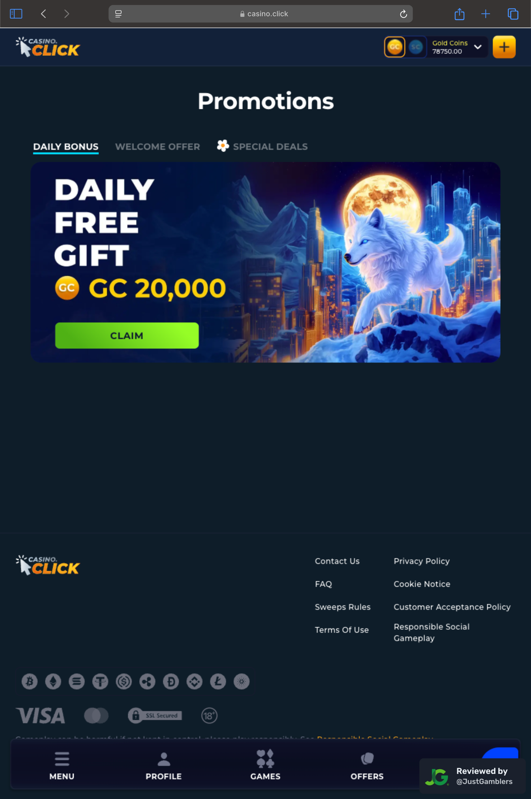 Tablet screenshot of the promo page at Casino Click.