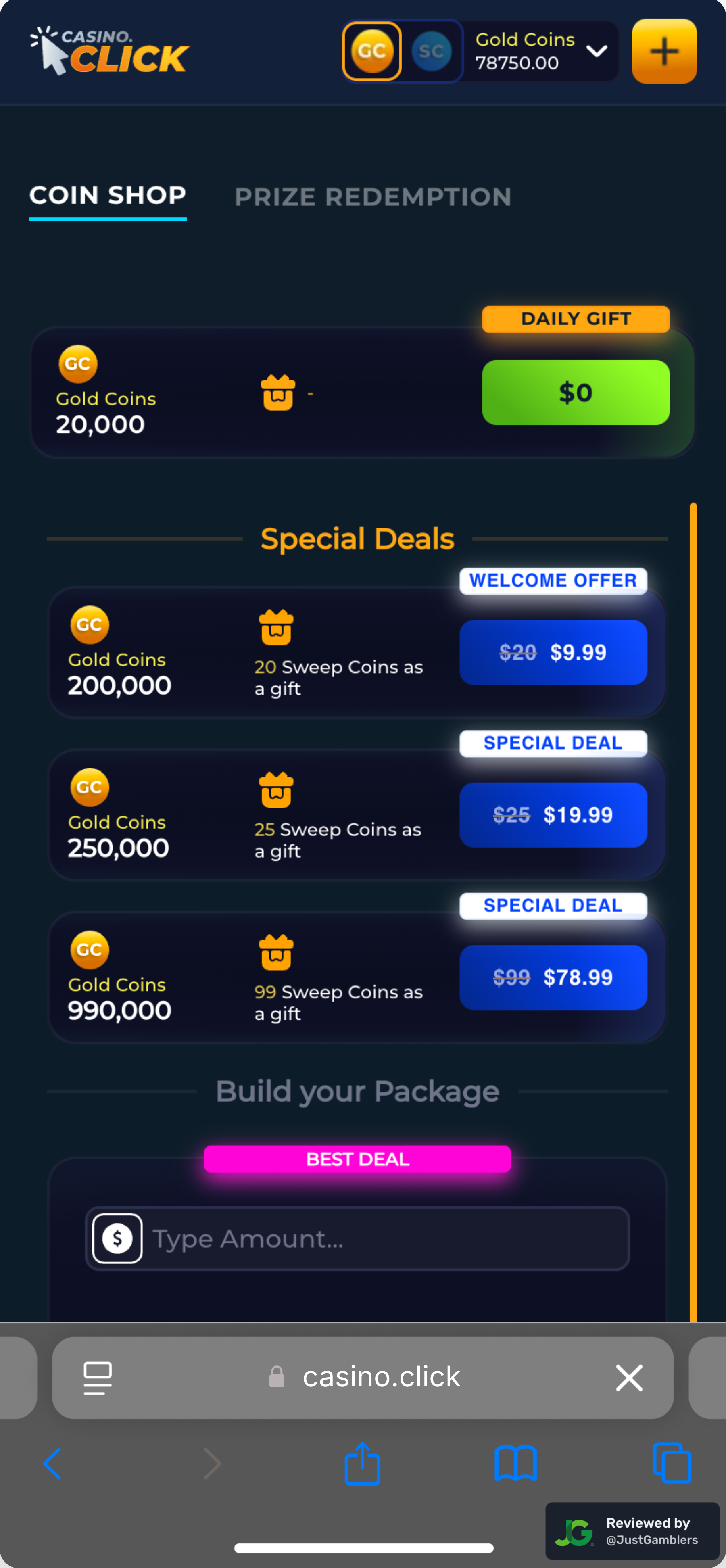 Mobile screenshot of the coin purchase process at Casino Click.