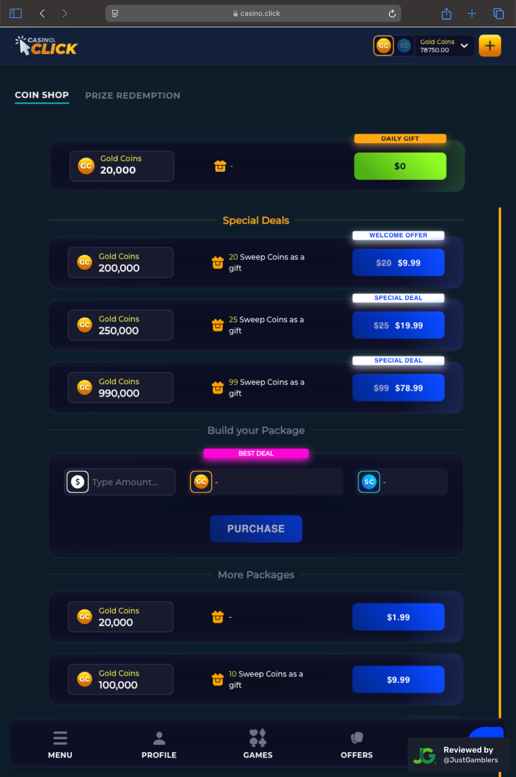 Tablet screenshot of the coin purchase process at Casino Click.
