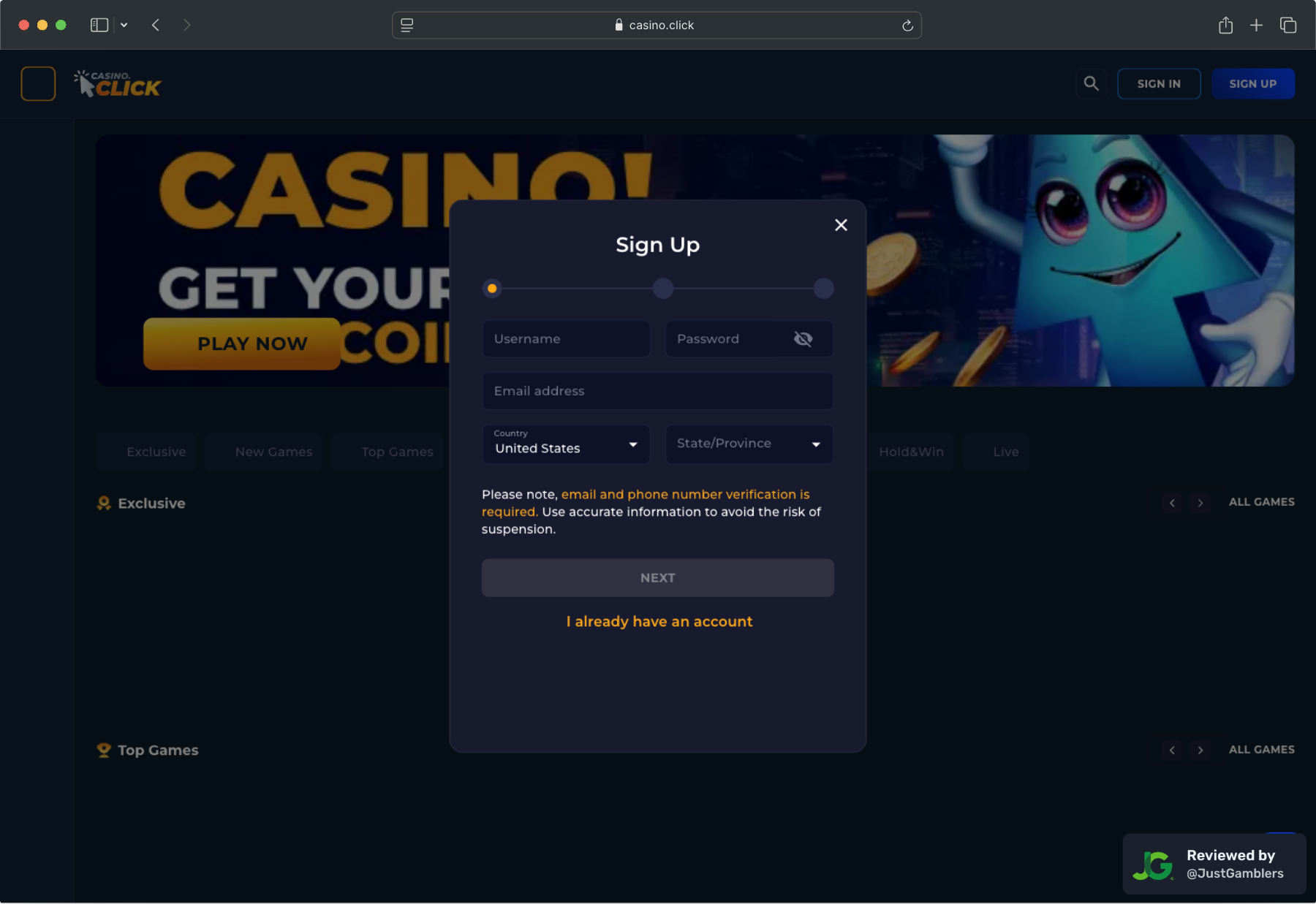 Desktop screenshot of the registration page at Casino Click.