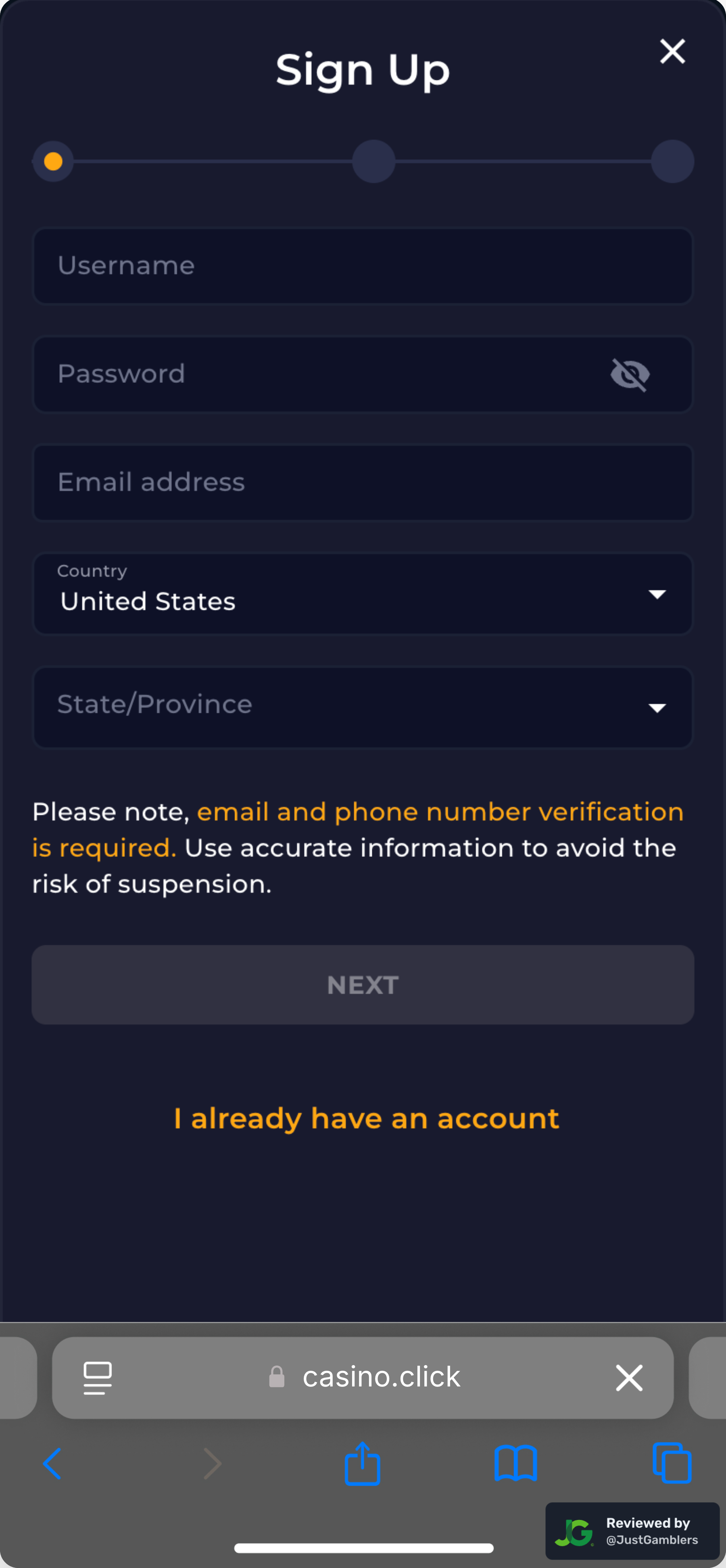 Mobile screenshot of the registration page at Casino Click.