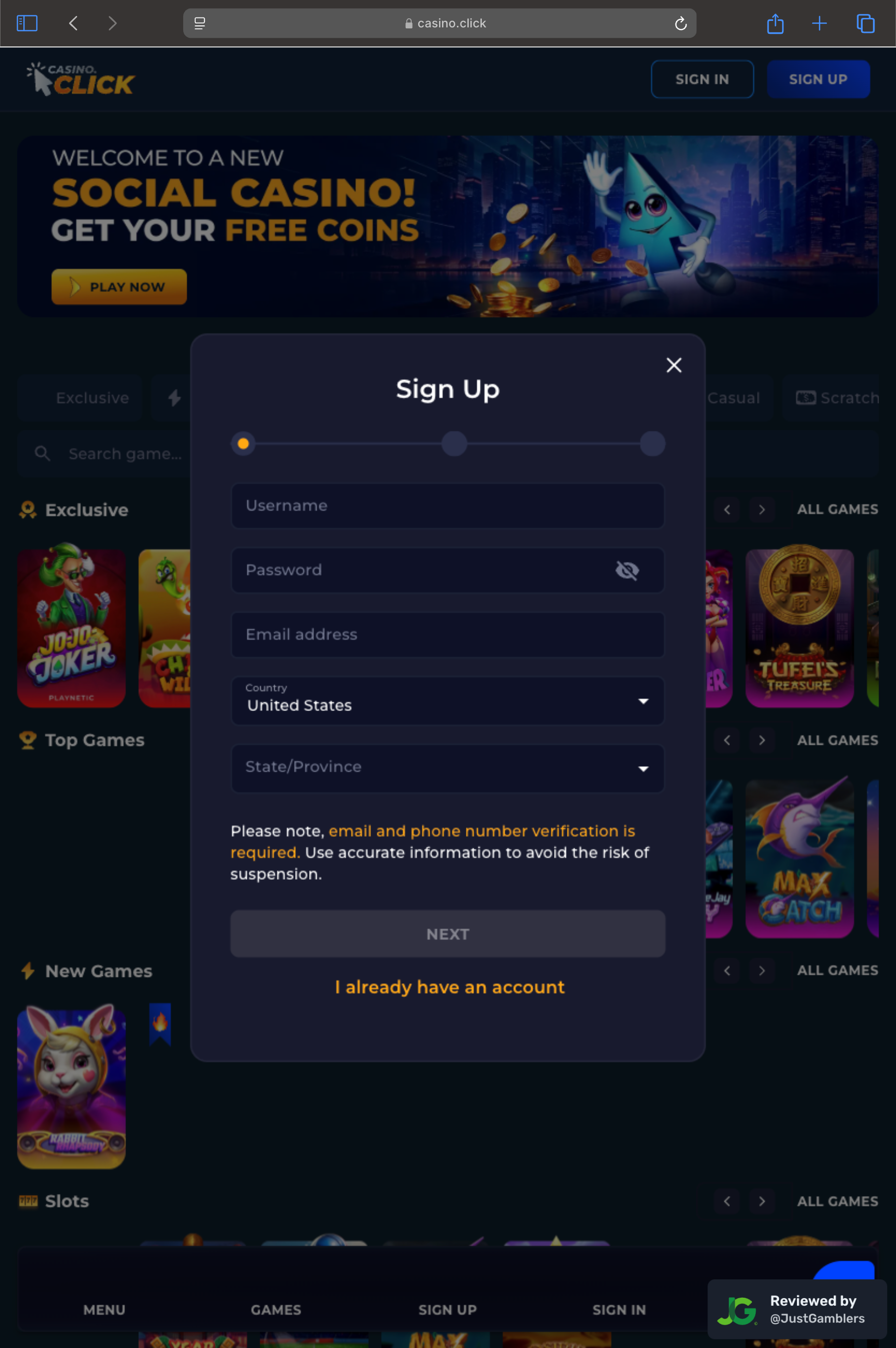 Tablet screenshot of the registration page at Casino Click.