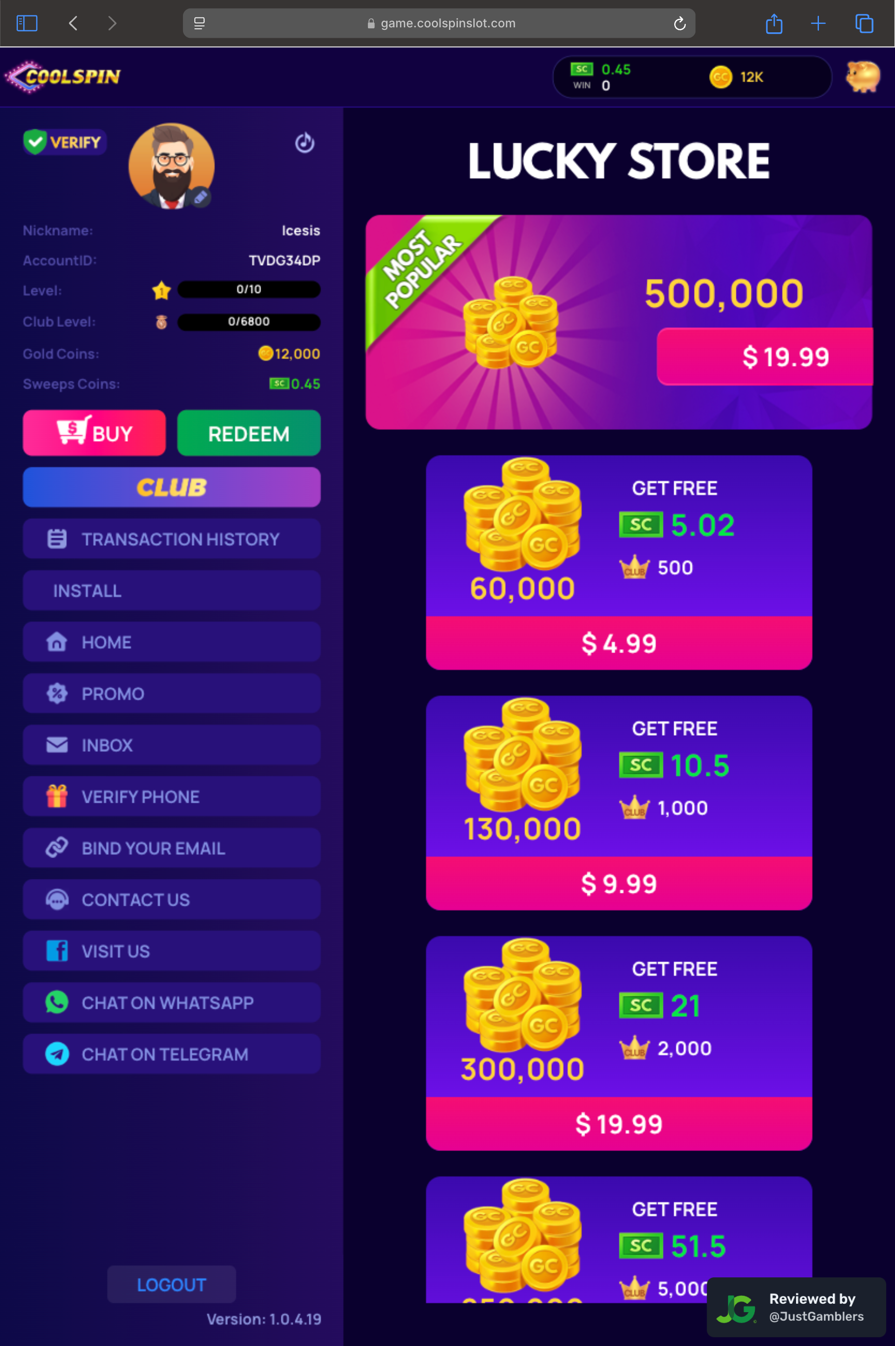 Tablet screenshot of the coin purchase process at Coolspin.