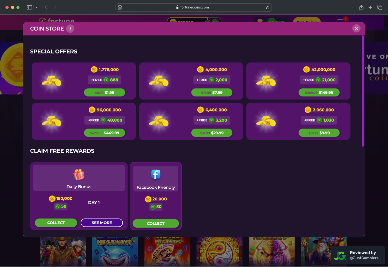 Desktop Screenshot of Fortune Coins Purchase Page
