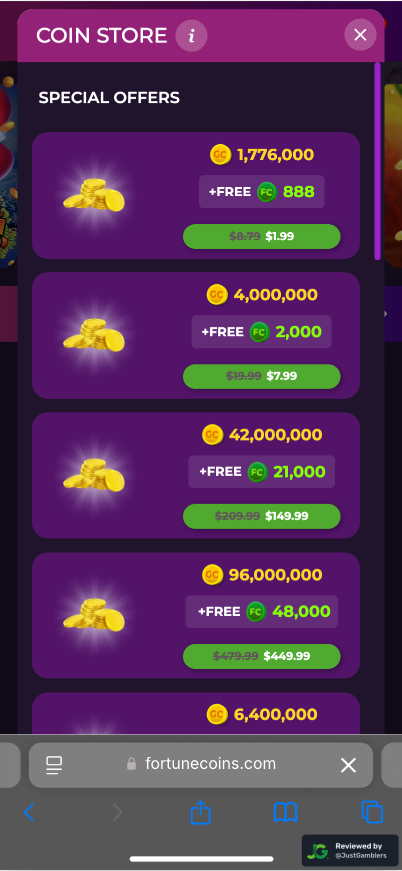 Mobile Screenshot of Fortune Coins Coin Purchase Page