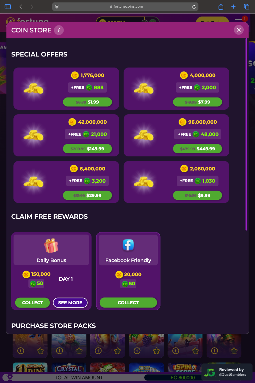 Tablet Screenshot of Fortune Coins Coin Purchase Page
