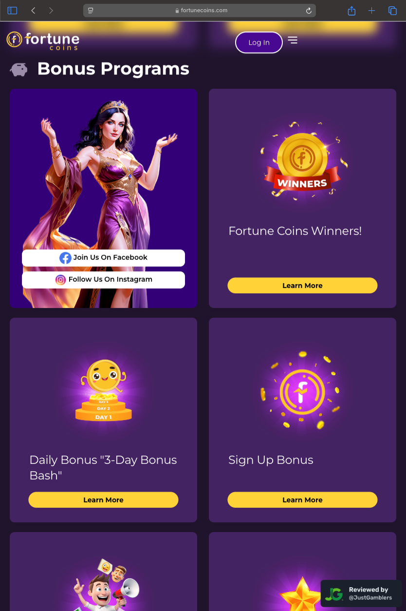 Tablet Screenshot of Fortune Coins Promo Page