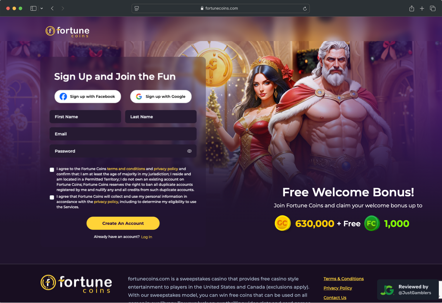 Desktop Screenshot of Fortune Coins Registration Page