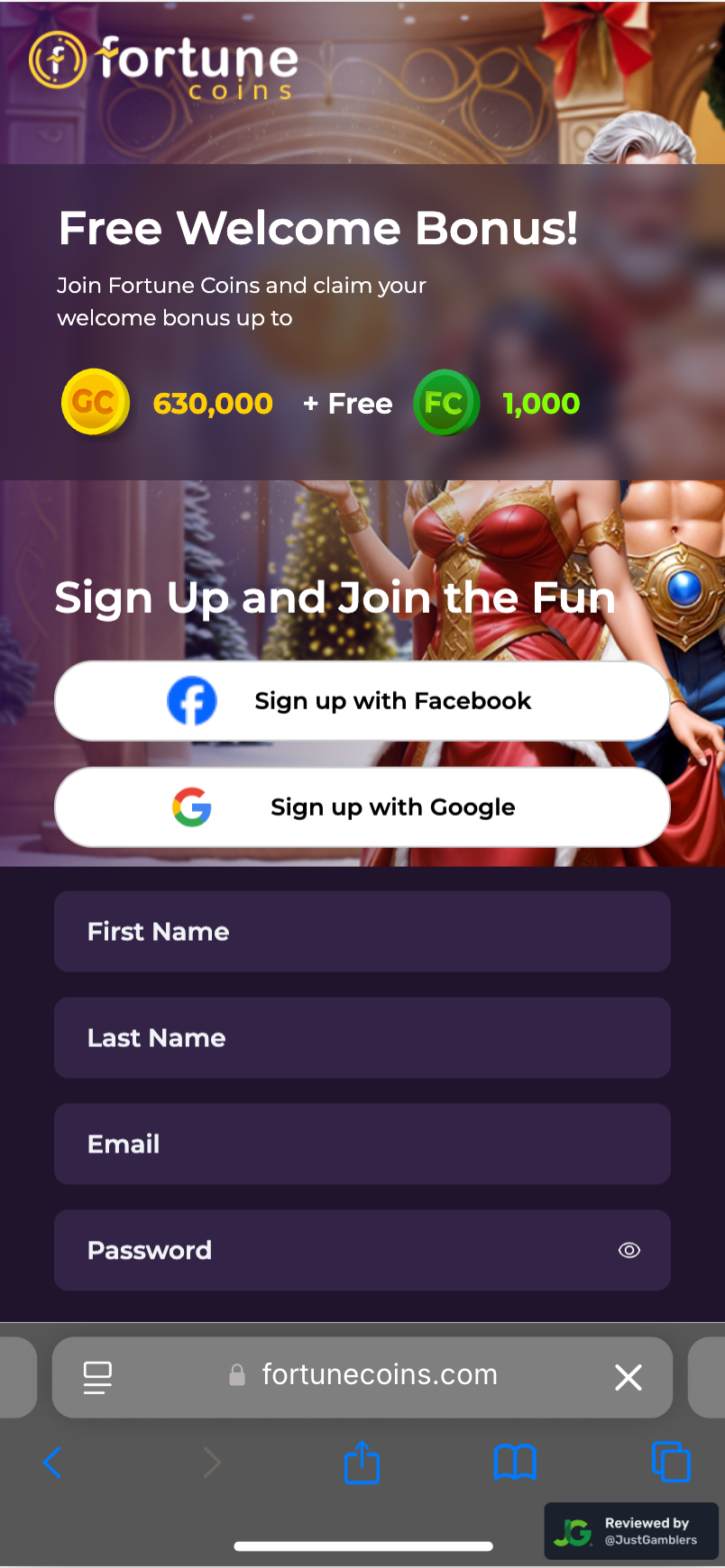 Mobile Screenshot of Fortune Coins Registration Page