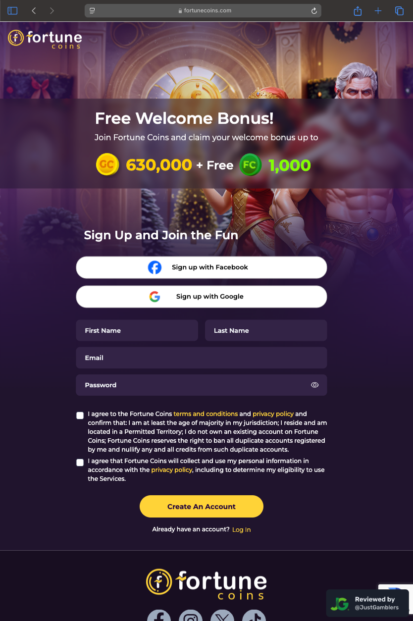 Tablet Screenshot of Fortune Coins Registration Page