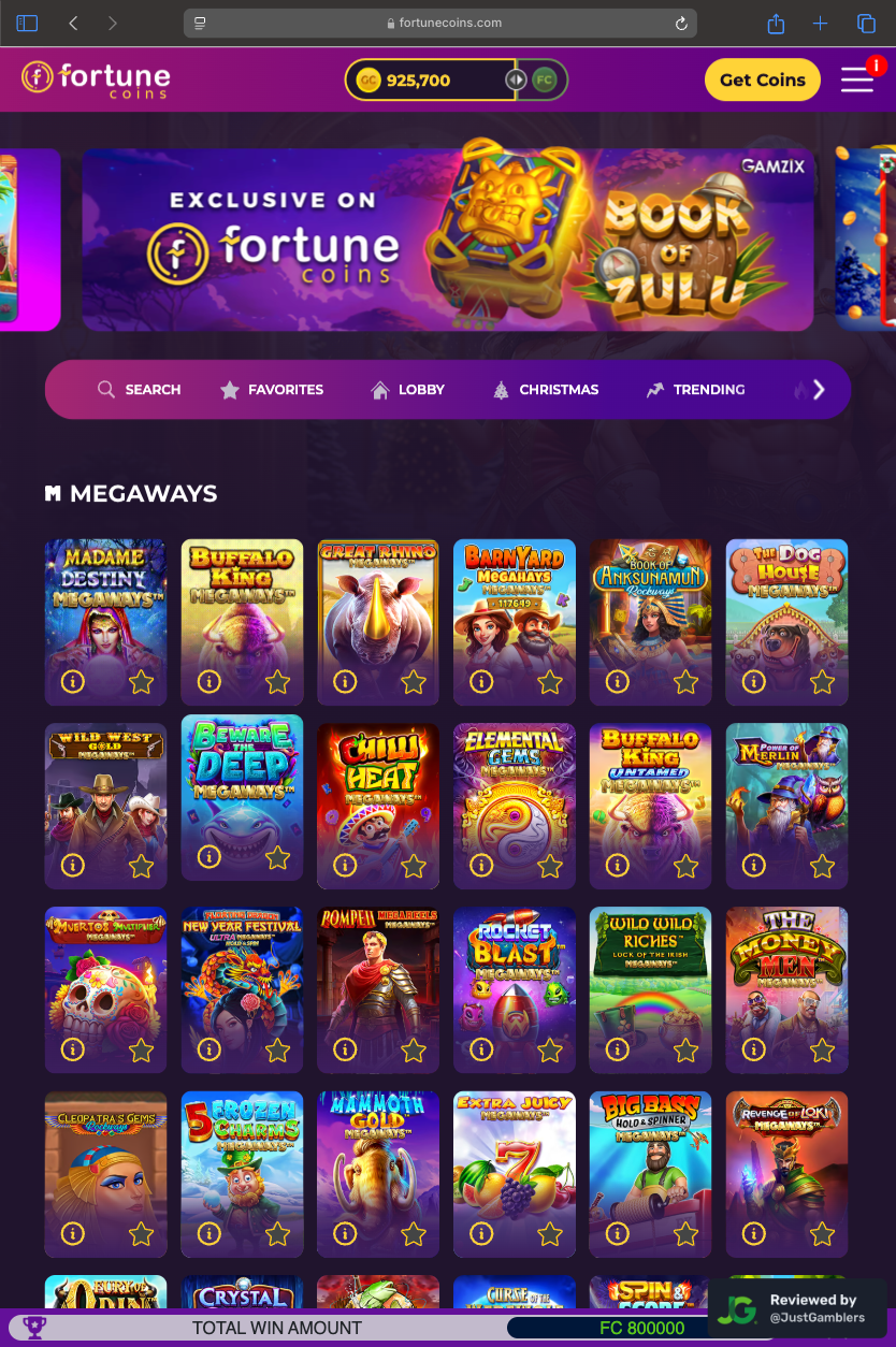 Tablet Screenshot of Fortune Coins Starting Page