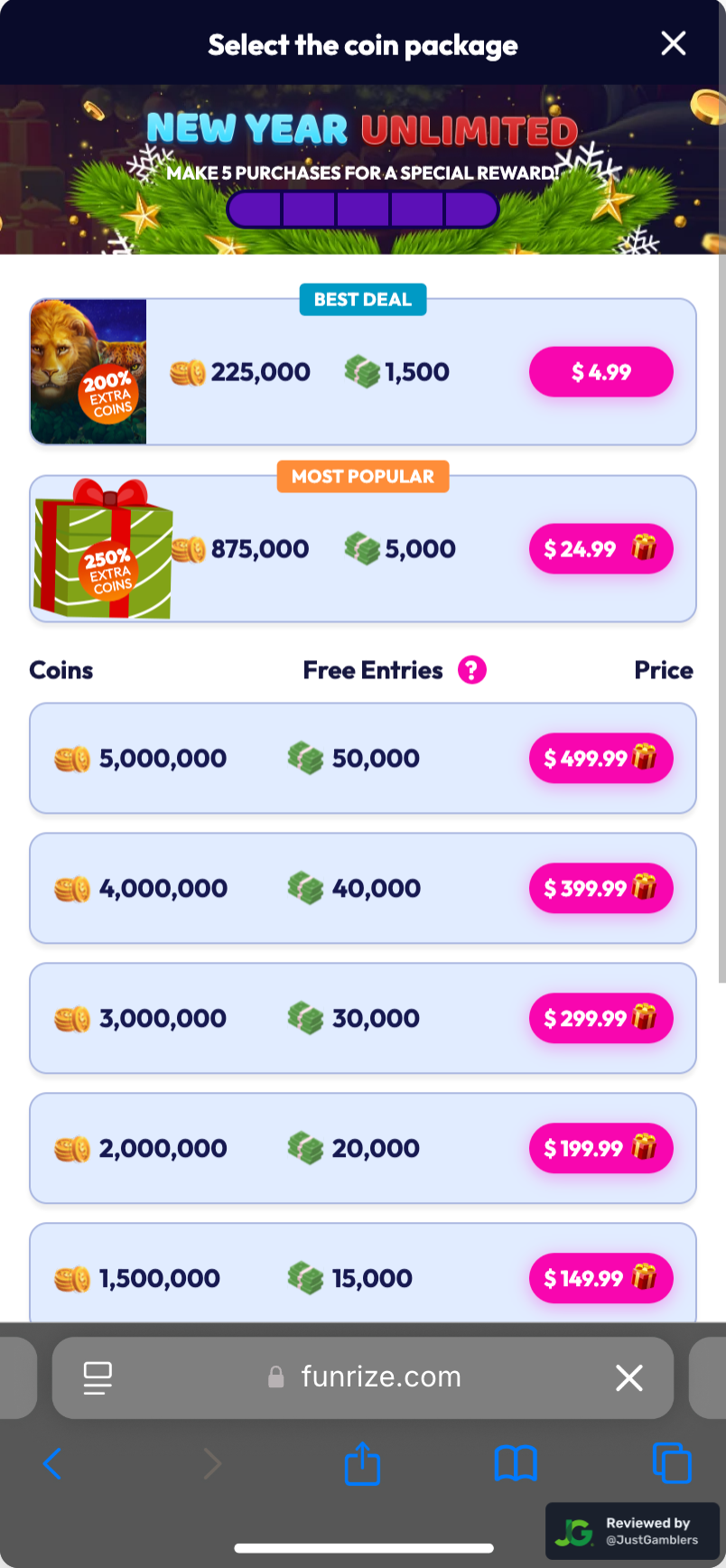 Mobile Screenshot of Funrize Coin Purchase Page
