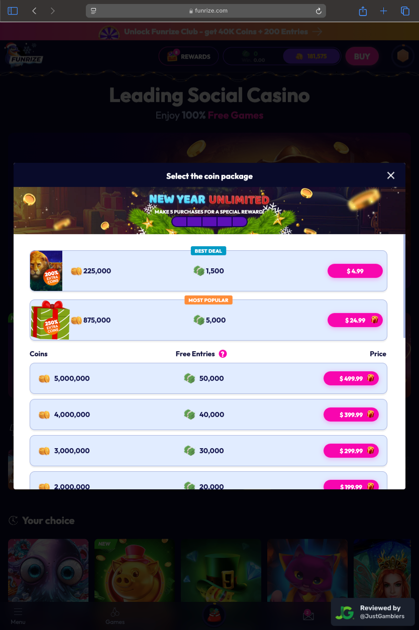 Tablet Screenshot of Funrize Coin Purchase Page