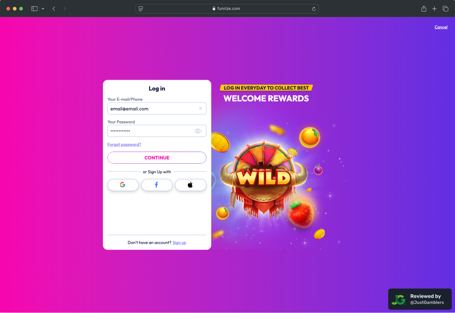 Desktop Screenshot of Funrize Registration Page
