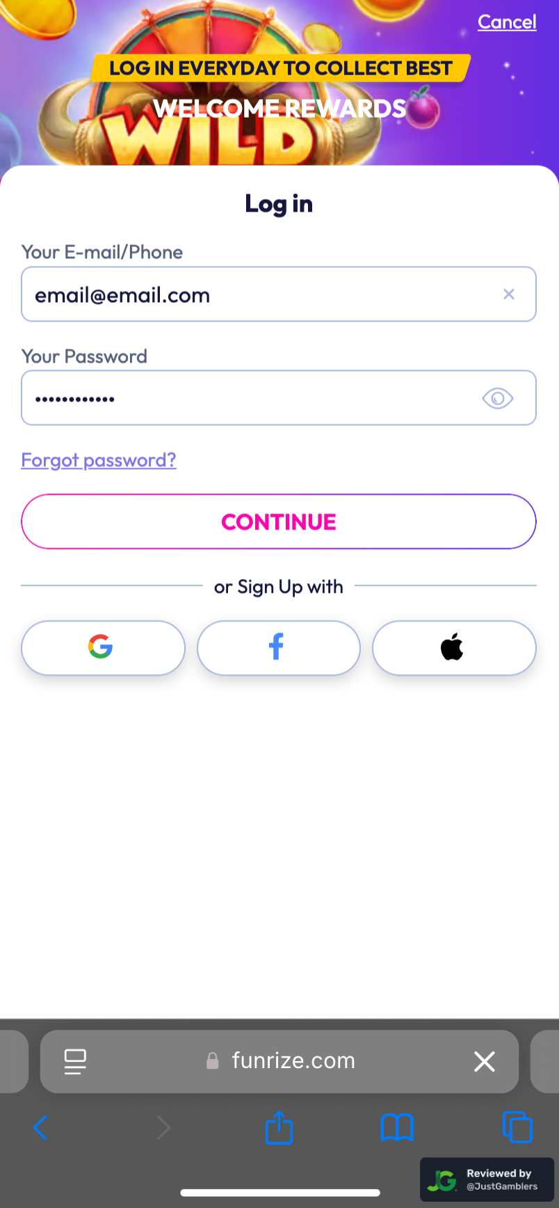 Mobile Screenshot of Funrize Registration Page