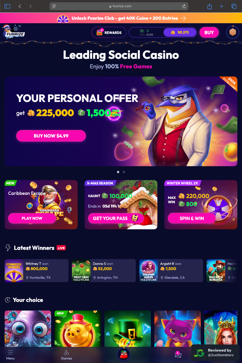 Tablet Screenshot of Funrize Starting Page