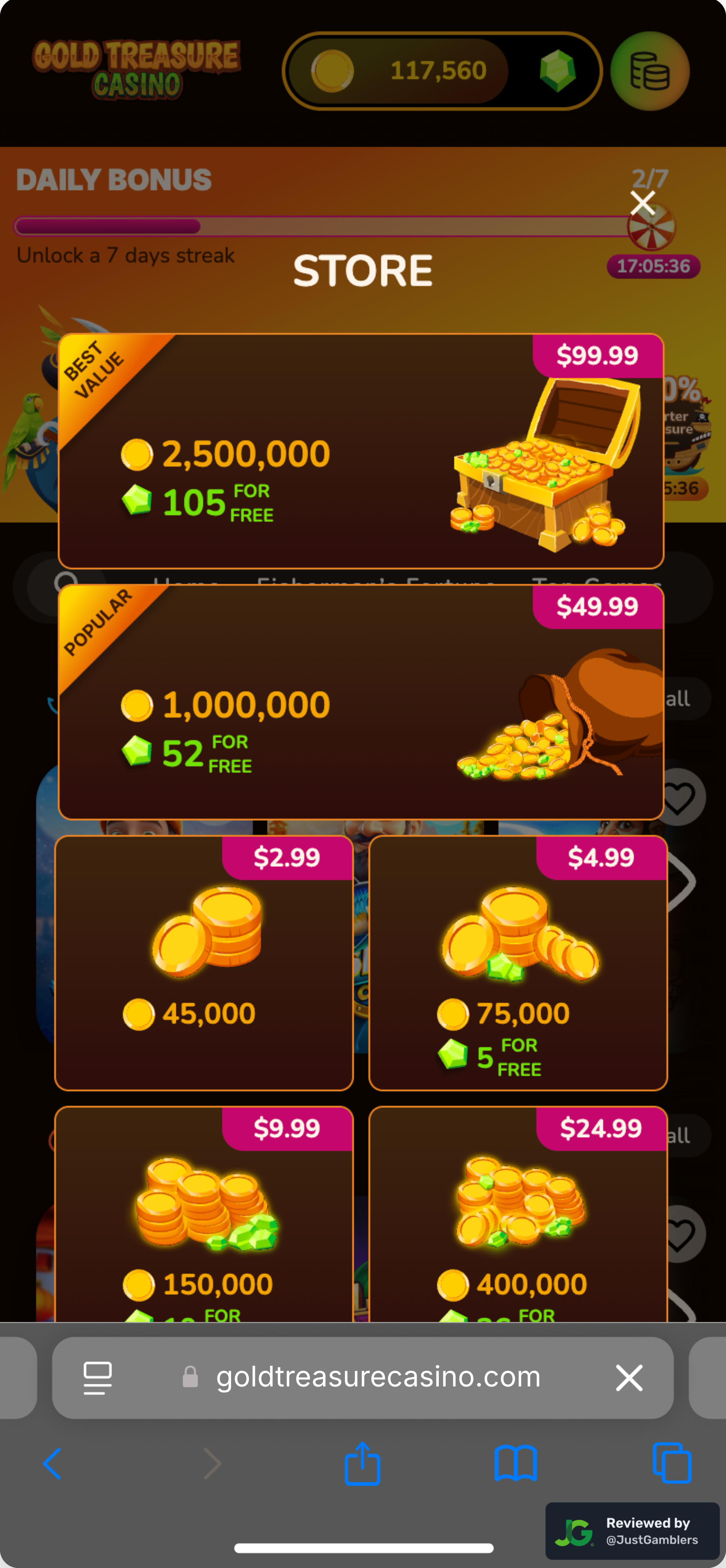 Mobile screenshot of the coin purchase process at Gold Treasure Casino.
