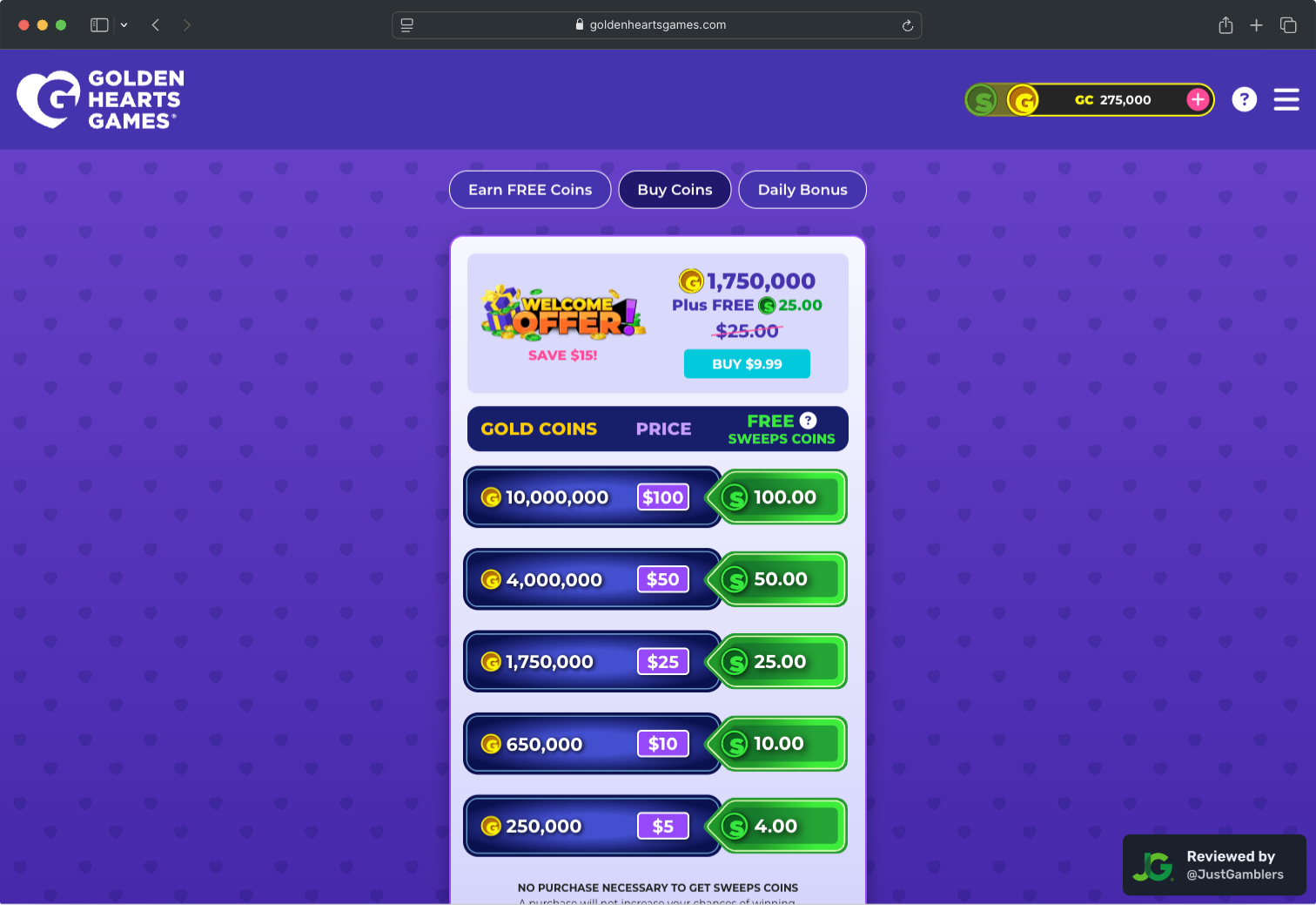 Desktop screenshot of the coin purchase process at Golden Hearts Games.
