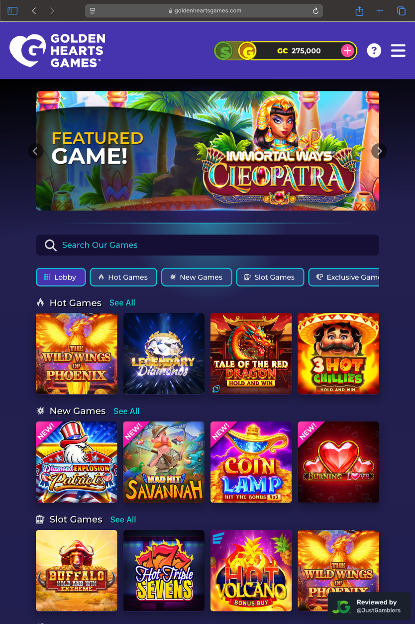 Tablet screenshot of the starting page at Golden Hearts Games.