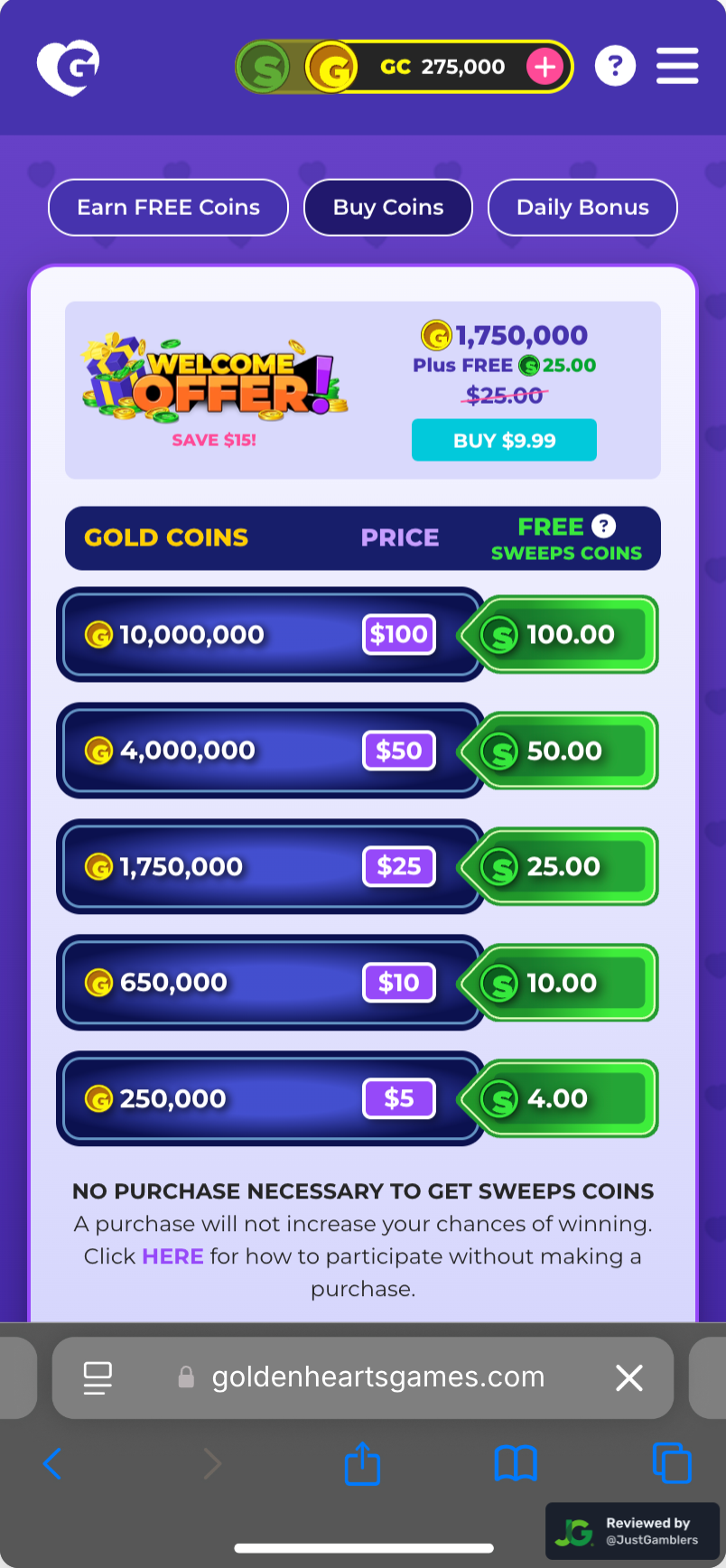 Mobile screenshot of the coin purchase process at Golden Hearts Games.