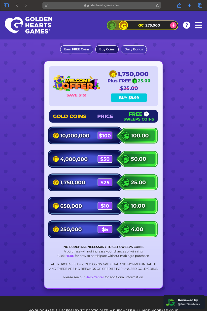 Tablet screenshot of the coin purchase process at Golden Hearts Games.